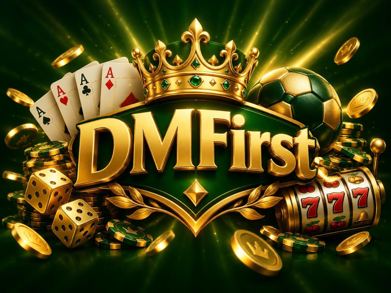DMFirst gold emblem with cards, dice, coins, football and slot reels